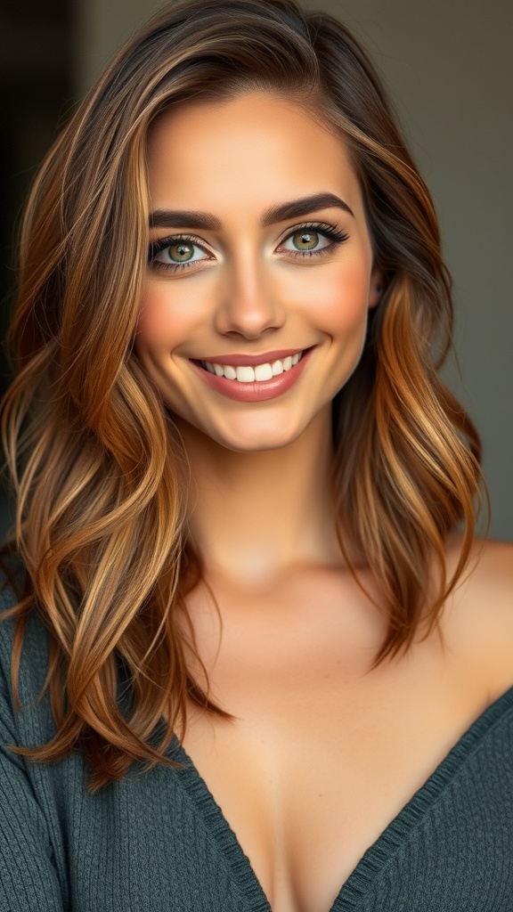 A smiling woman with cinnamon-toned brunette hair styled in layered waves, wearing a cozy sweater.