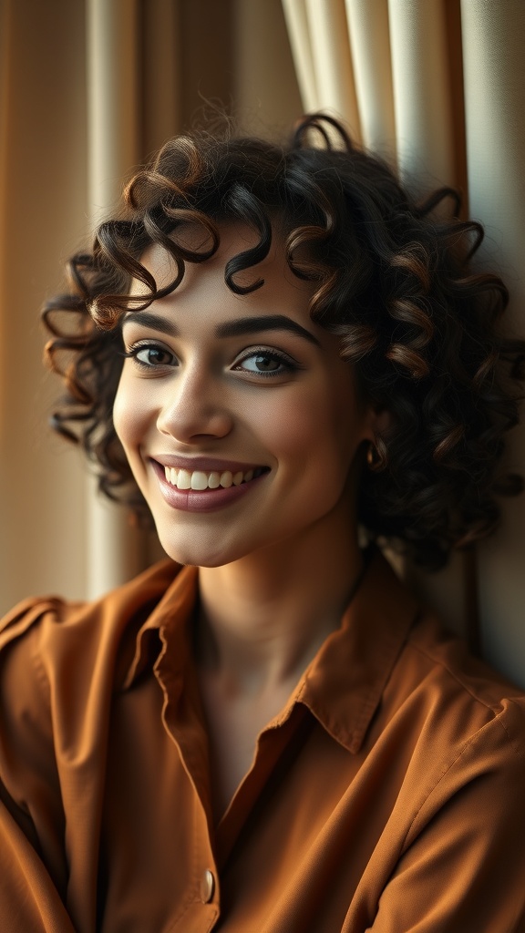 A smiling woman with curly hair styled in cinnamon tones, wearing an orange shirt, against a backdrop of curtains.