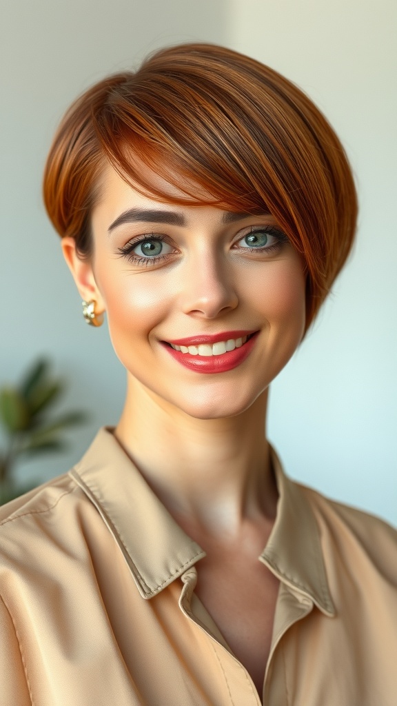 A woman with a cinnamon auburn bob hairstyle, smiling at the camera.