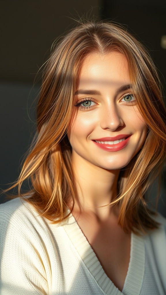 A woman with cinnamon babylights smiling, showcasing warm hair tones and a natural look.