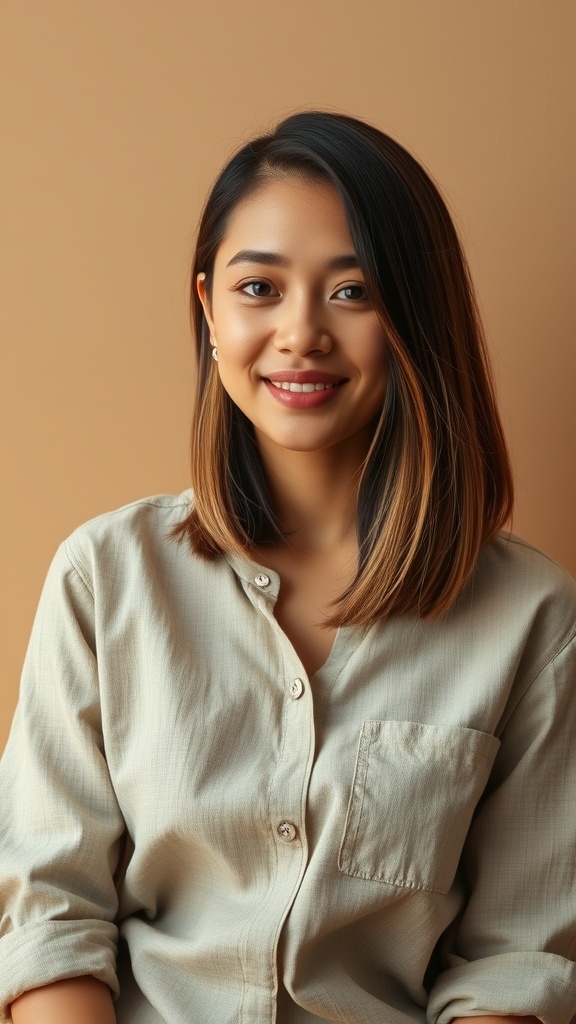 A woman with a cinnamon balayage lob hairstyle, smiling against a warm-toned background.