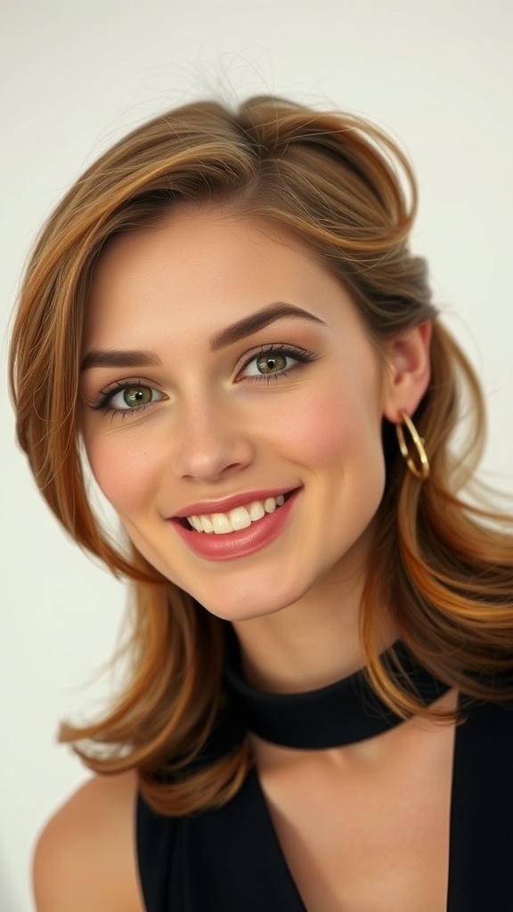 A smiling woman with cinnamon brunette layered hair, showcasing warm tones and a stylish look.