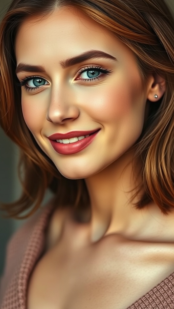 A woman with cinnamon brunette hair and peach undertones, smiling and showcasing her vibrant hair color.