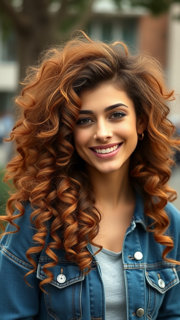 A woman with curly cinnamon hair and a root fade, smiling in a denim jacket.