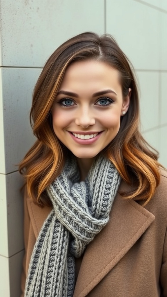 A woman with cinnamon dip-dye ends smiling, wearing a cozy scarf and a stylish coat.
