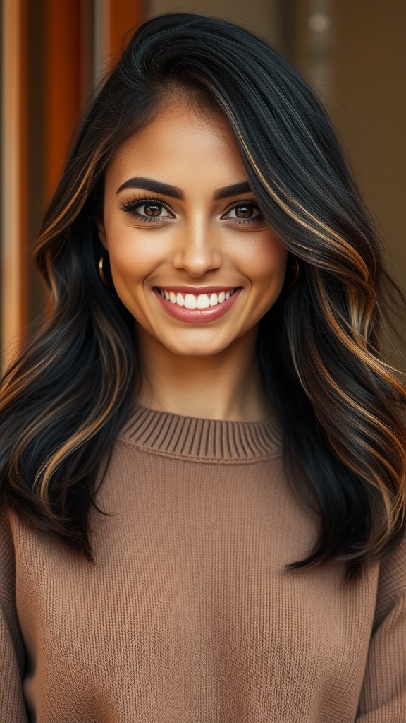 A woman with black hair featuring cinnamon highlights, smiling in a cozy sweater.