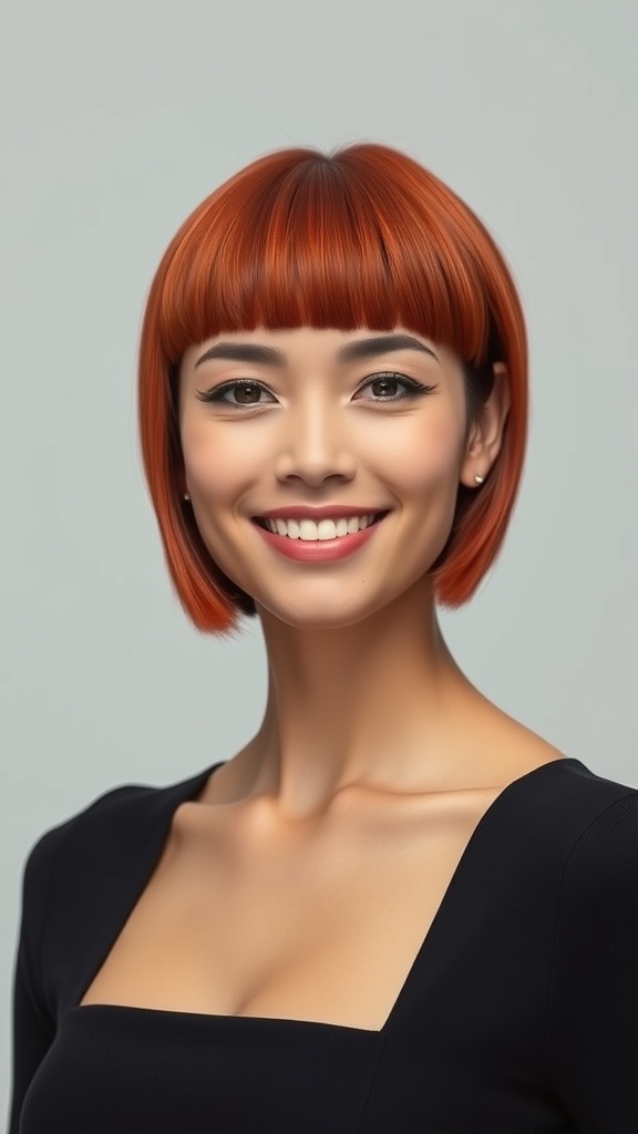 A woman with a cinnamon red blunt cut hairstyle, smiling confidently.