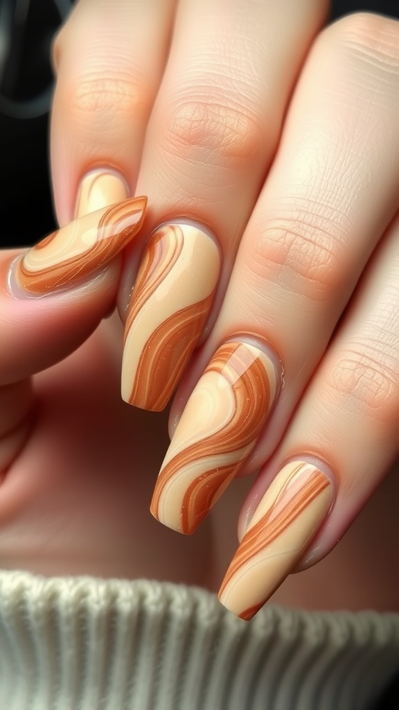 Cinnamon swirl marble nail design with warm orange and cream colors.