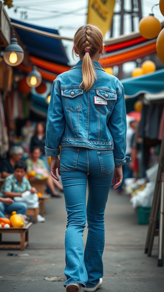 A woman in a denim jacket and jeans walking through a colorful market