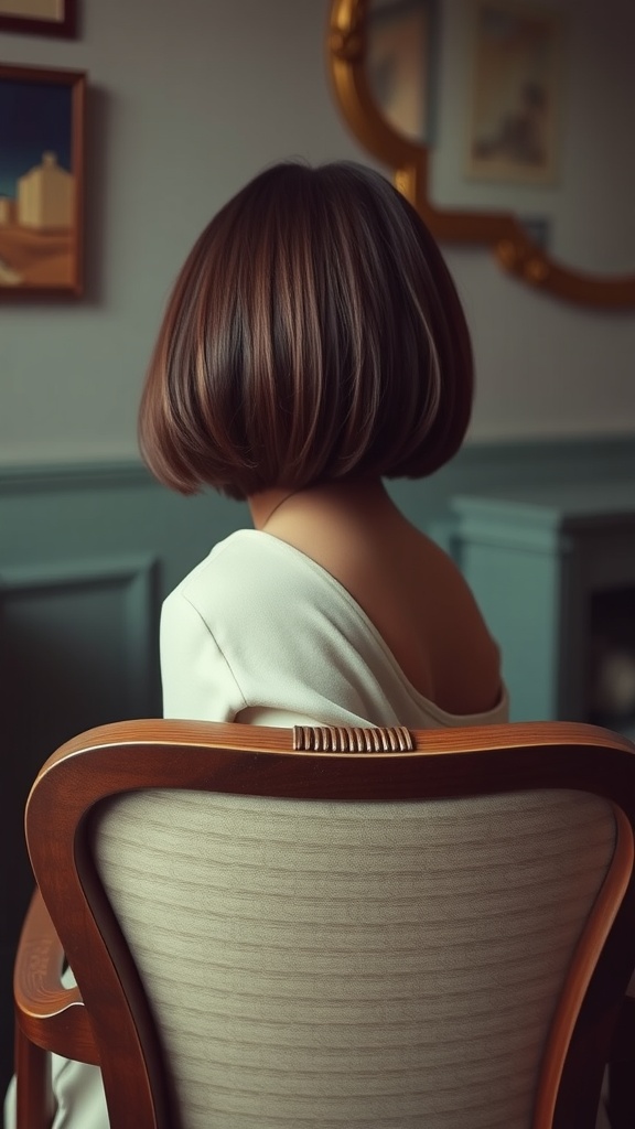 A woman with a classic blunt bob hairstyle, viewed from the back, showcasing a side part.