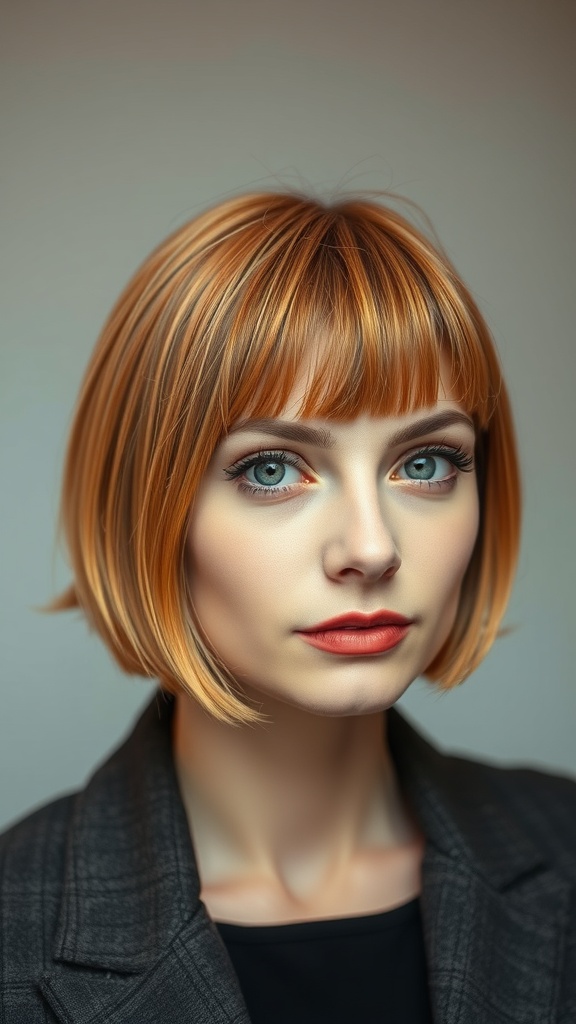 A woman with a classic bob hairstyle featuring ginger hair and thin blonde highlights, showcasing a warm and vibrant look.