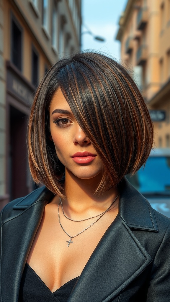 A woman with a classic bob haircut featuring a deep side part, styled elegantly with rich hair tones, wearing a chic outfit.