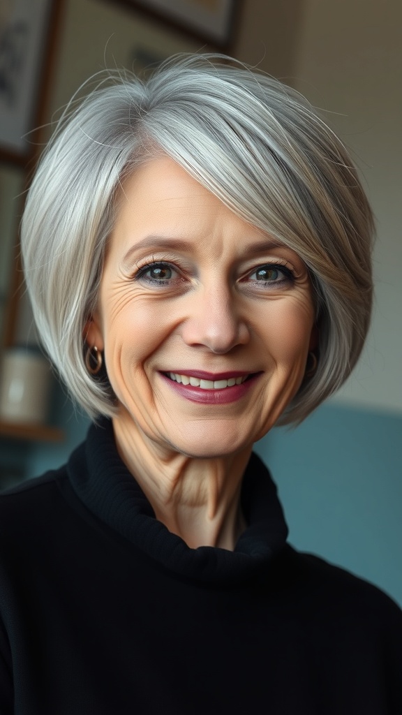 A woman with a classic bob hairstyle featuring crown volume, smiling warmly.