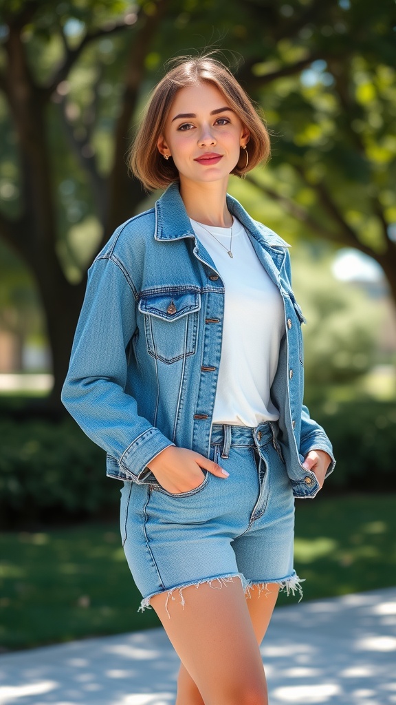 A woman wearing a denim jacket over a white tee and denim shorts, standing outdoors.