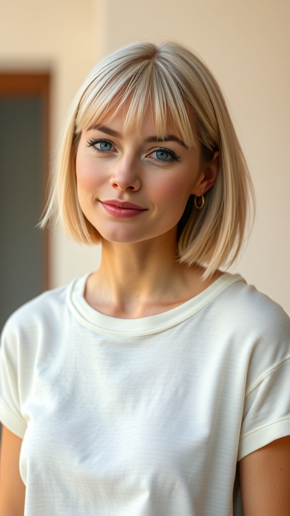A woman with a sleek chin bob hairstyle, featuring straight hair and subtle bangs, wearing a white shirt.