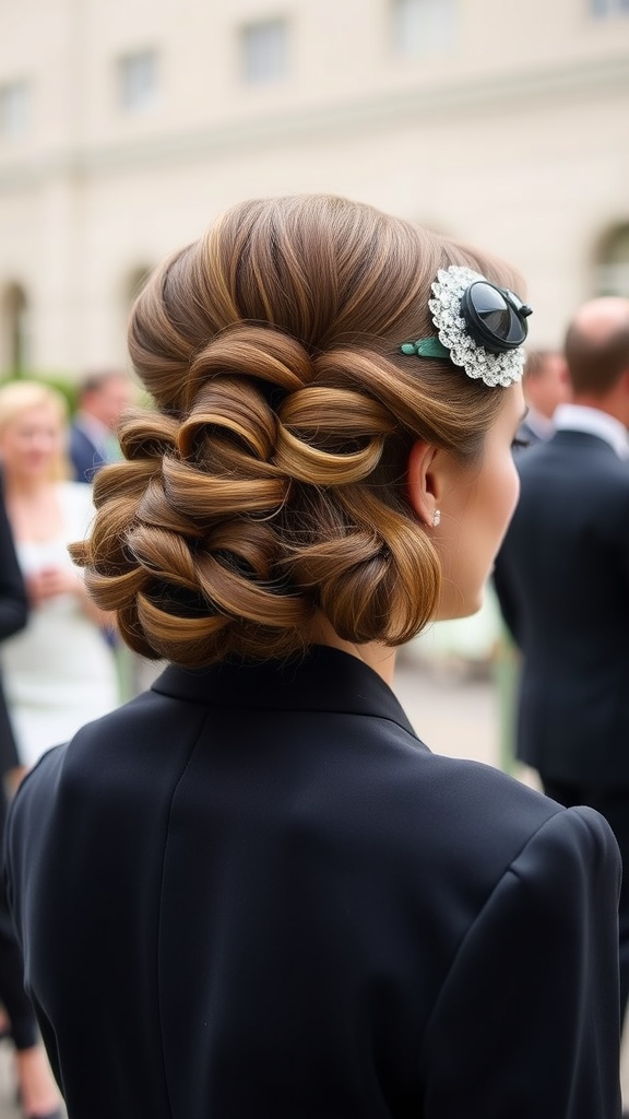 A woman with classic finger waves hairstyle, adorned with a decorative hairpiece, showcasing a chic look for a wedding.