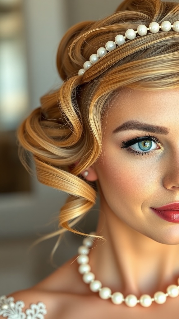 A close-up of a woman with finger waves hairstyle adorned with pearls.