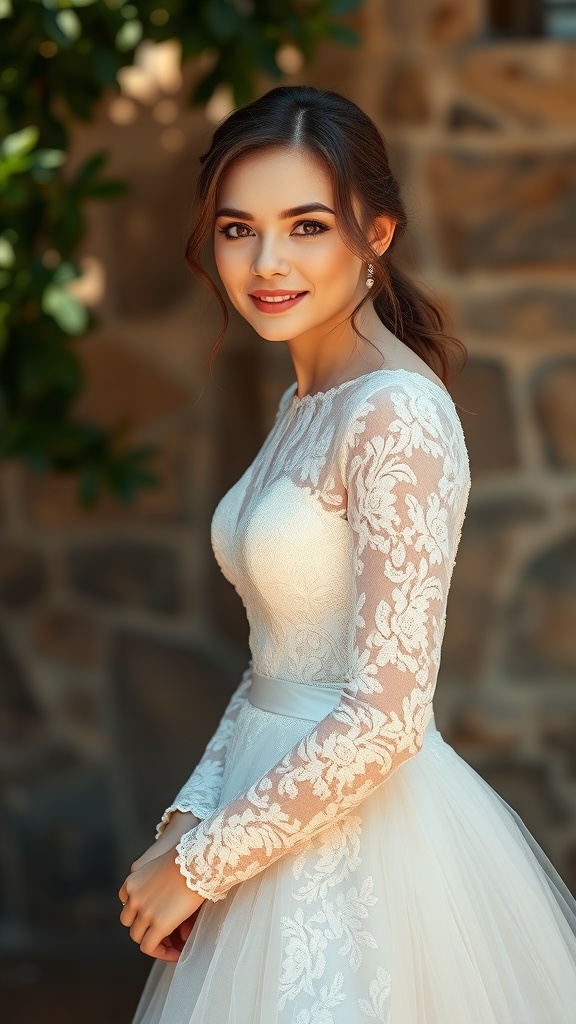 A bride wearing a lace long sleeve wedding dress with a tulle skirt, smiling softly against a stone wall.
