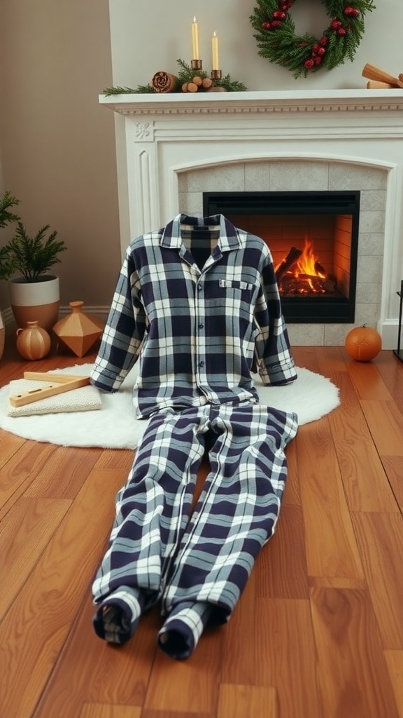 A classic flannel pajama set in navy and white plaid, displayed in front of a cozy fireplace.