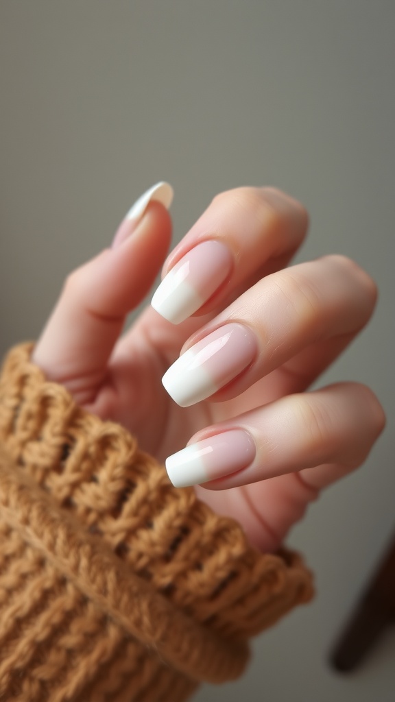 Close-up of classic French ombre nails with a pink base and white tips, held by a hand wearing a knitted sweater.