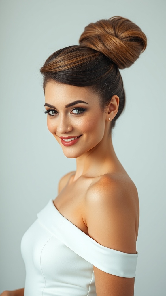 A woman with a classic French twist hairstyle, showcasing volume and elegance.