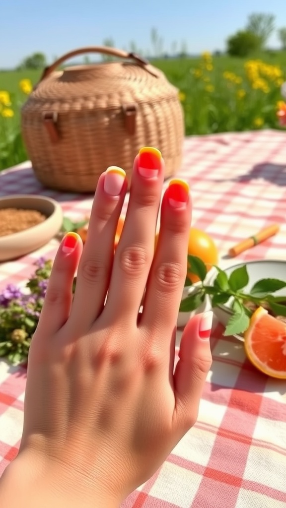 A hand with orange French manicure against a picnic setting with flowers and drinks.