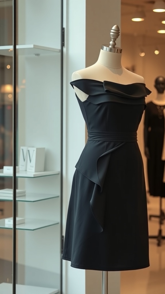 A stylish black dress on a mannequin, featuring off-the-shoulder ruffles and a fitted waist.