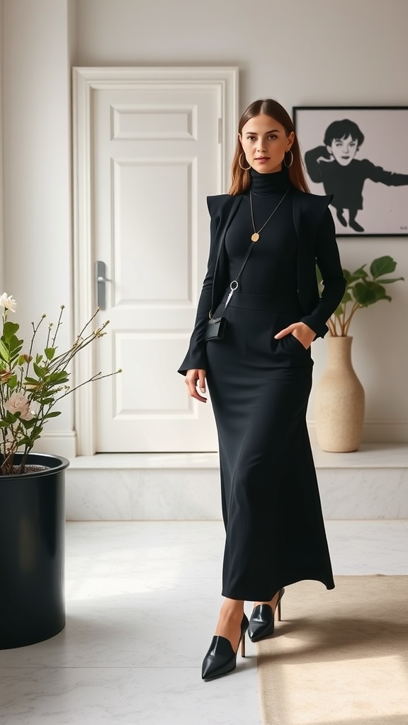 A model wearing a black maxi skirt and a fitted black top, styled with hoop earrings and a small crossbody bag, standing in a modern interior.
