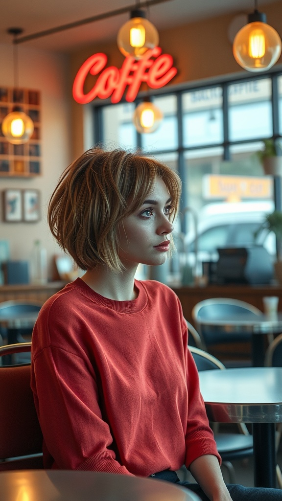 A woman with a classic 90s layered bob and bangs, sitting in a coffee shop.