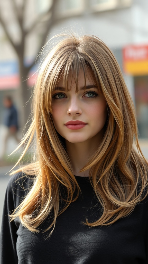 A woman with long layered hair styled in a classic Rachel cut, featuring soft bangs and warm golden tones.
