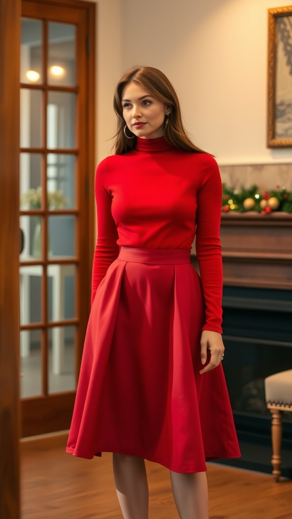 A woman wearing a classic red turtleneck and A-line skirt, standing in a stylish interior.
