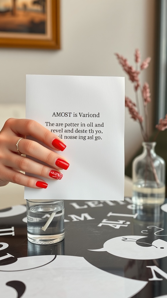 A hand with classic red nails featuring a glittery accent nail, holding a piece of paper.