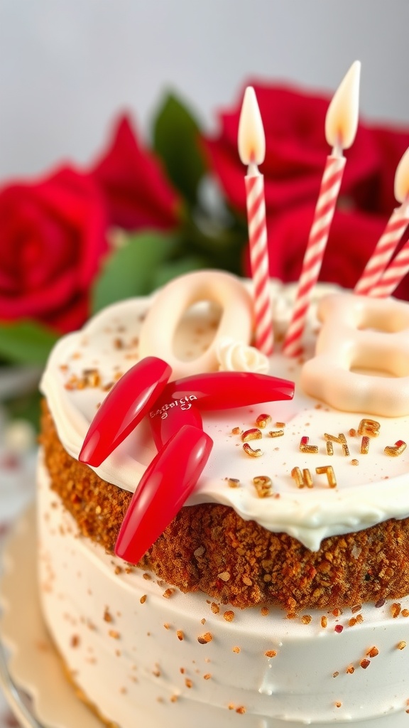 A birthday cake with classic red nails featuring gold foil accents