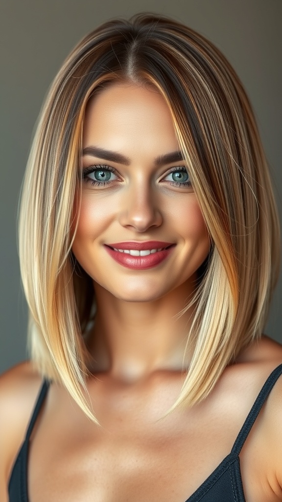 A woman with a classic straight bob hairstyle featuring blonde hair with brown highlights, smiling at the camera.