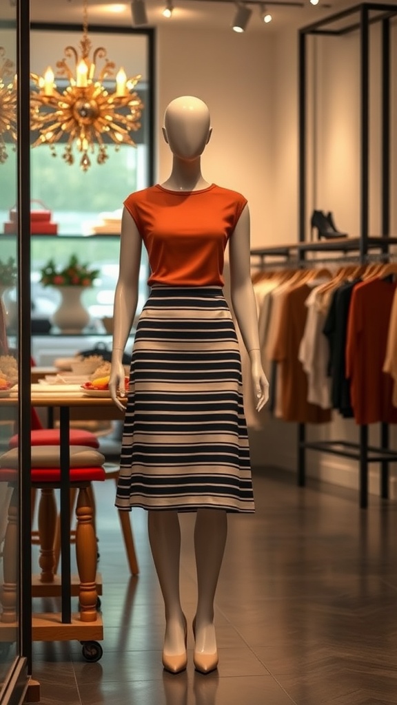A mannequin displaying a chic outfit featuring a striped knee length skirt and a vibrant orange top in a stylish boutique.