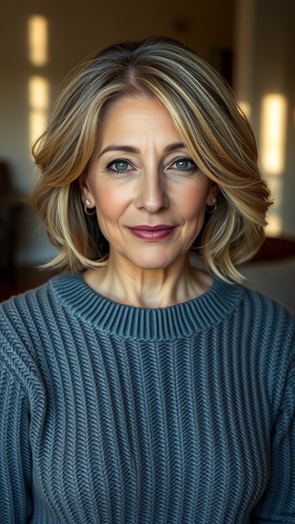 A woman with a classic wavy bob hairstyle, showcasing volume and style, wearing a cozy sweater.