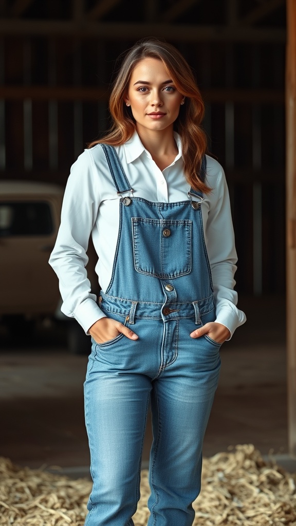 A woman wearing a classic white button-up shirt with denim overalls, standing in a barn setting.