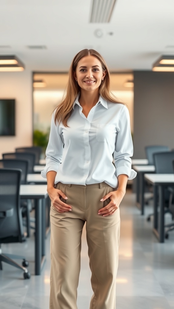 A model wearing a classic white button-up shirt and wide-leg pants in a modern office setting.
