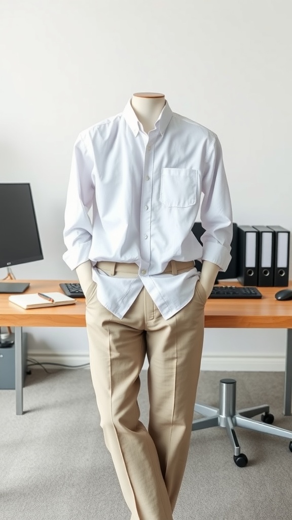 A mannequin dressed in a classic white shirt and beige trousers, set against a modern office backdrop.