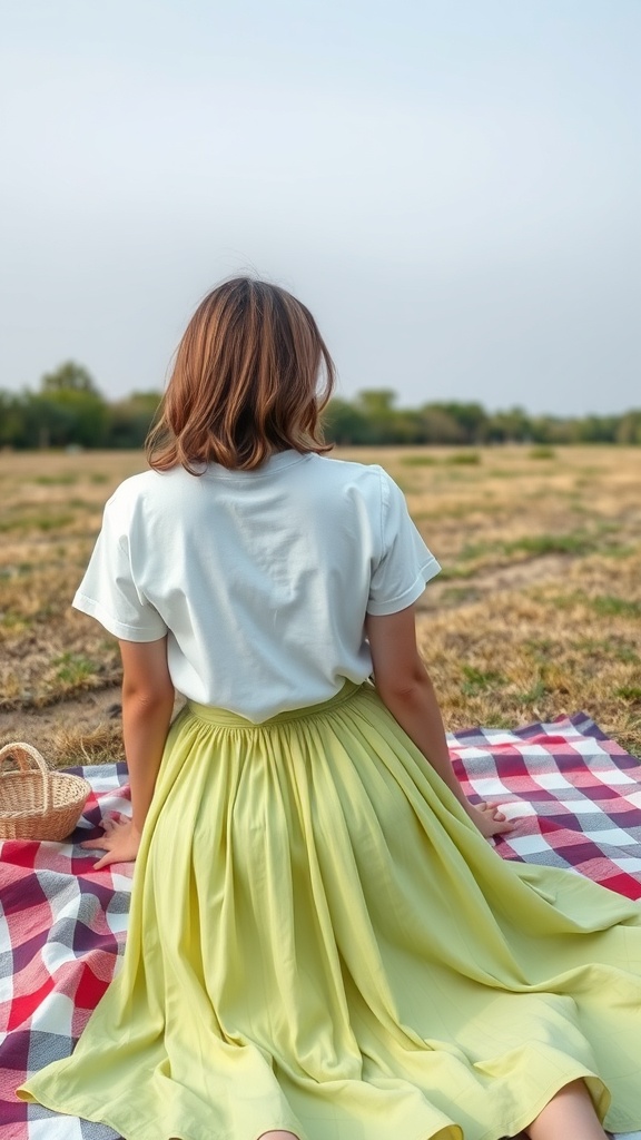 A woman sitting on a picnic blanket wearing a classic white t-shirt and a light yellow A-line skirt.