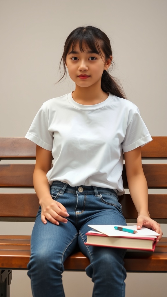A girl sitting on a bench wearing a classic white tee and high-waisted jeans, holding books and a pencil.