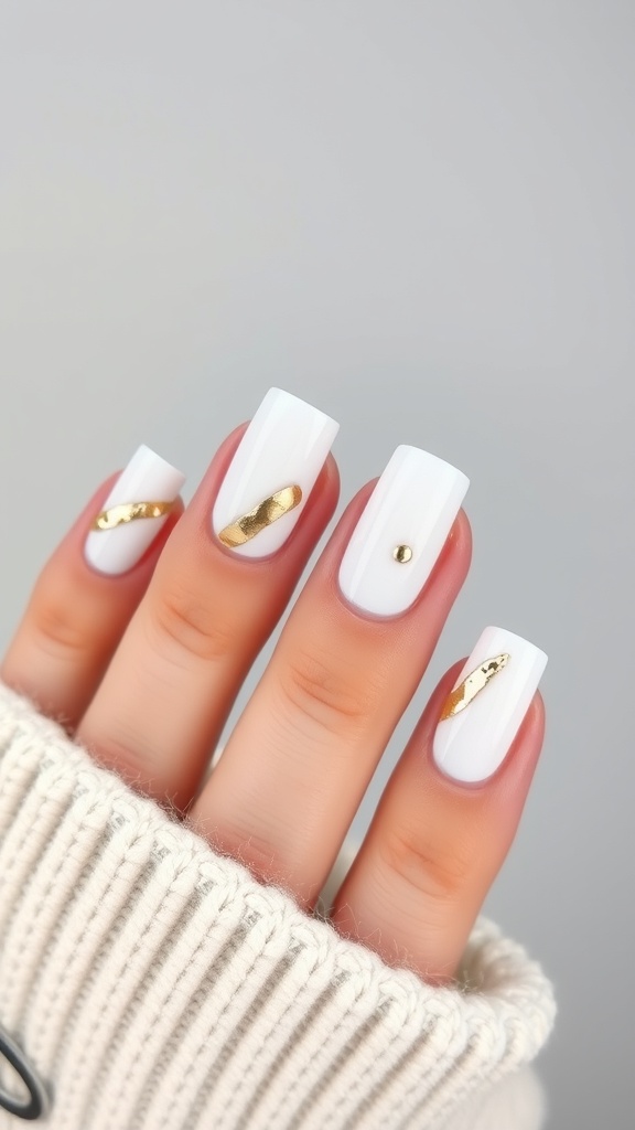 Classic white French nails with gold foil accents
