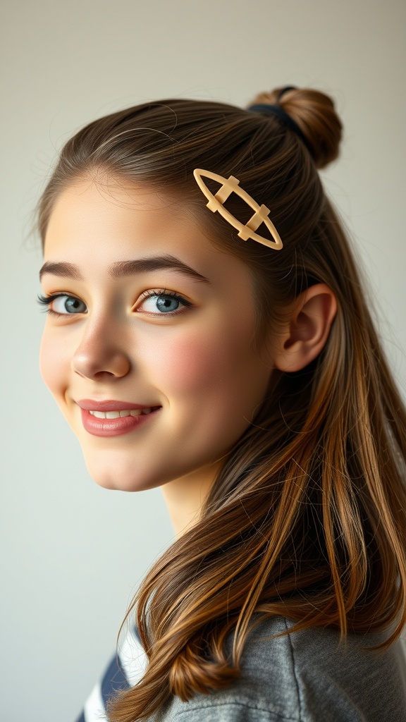 A young girl with a claw clip twist hairstyle, smiling at the camera.