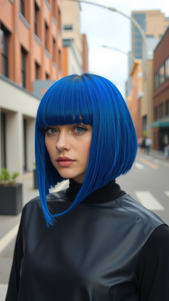 A woman with a cobalt blue bob hairstyle, wearing a black outfit, standing on a city street.