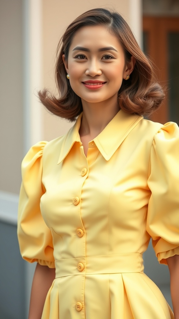 A woman wearing a bright yellow collared mini dress with button details and puff sleeves, smiling outdoors.