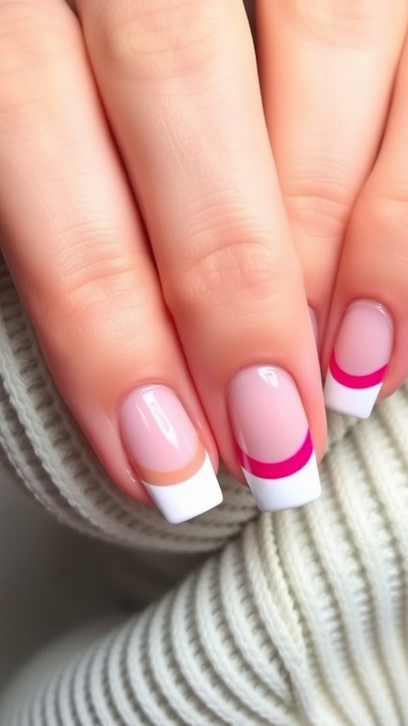 Color blocked French tips featuring white and colorful designs on nails