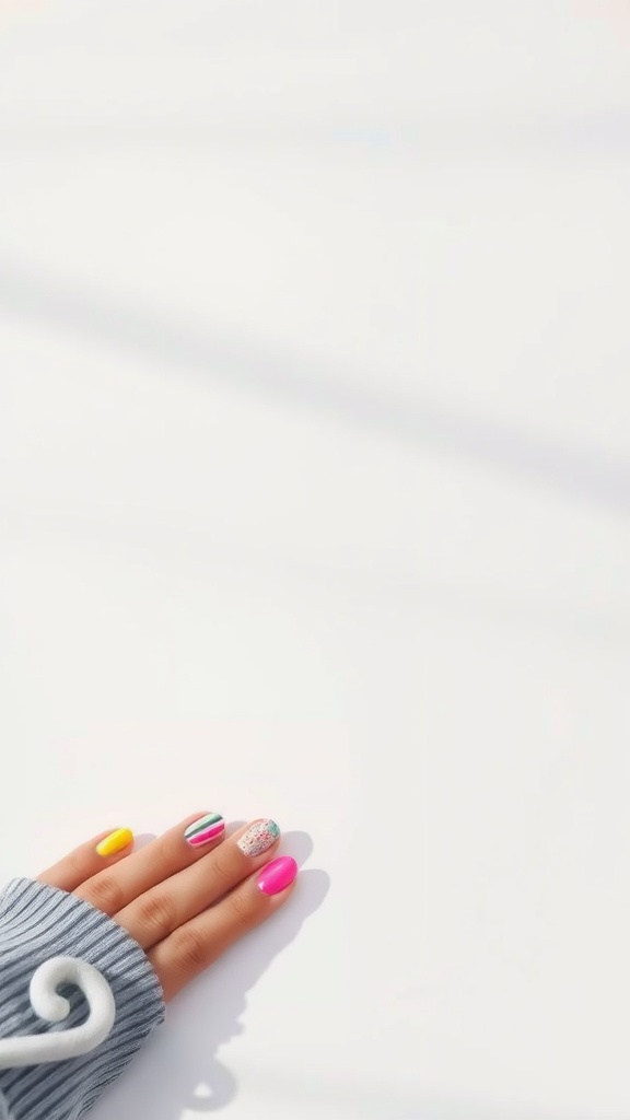 A hand with colorful nails featuring yellow, pink, and patterned designs.