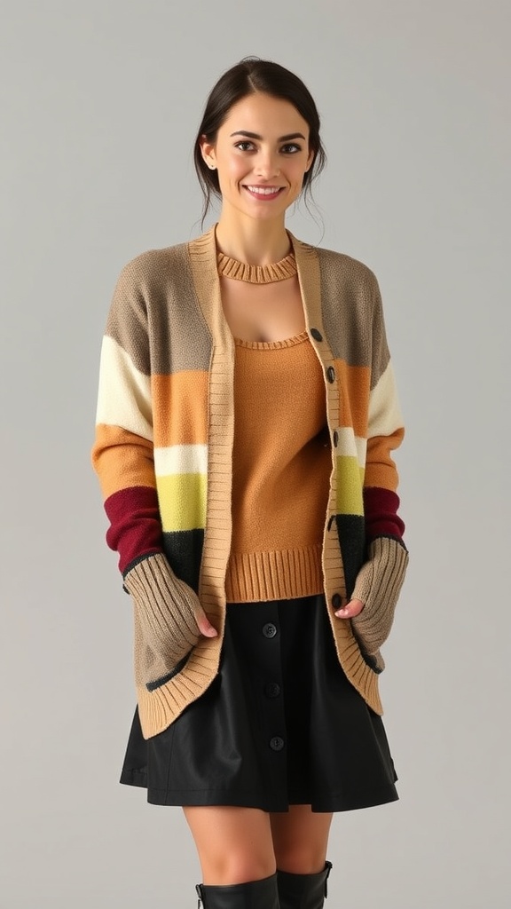 A woman wearing a colorblock cardigan over a knit tank and a skater skirt, smiling at the camera.