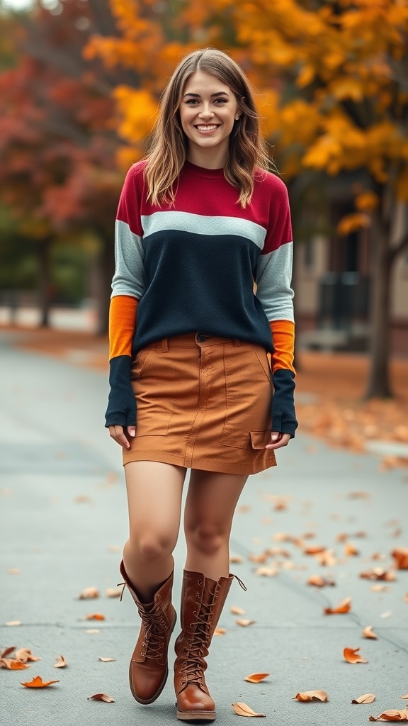 A woman wearing a colorblock long sleeve top and a mini cargo skirt, smiling in an autumn setting.