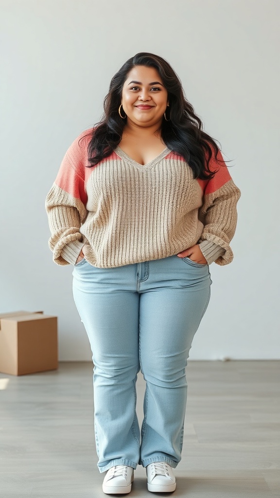A plus size woman wearing a colorblock sweater and flare jeans, smiling confidently.